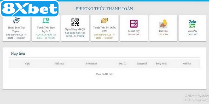 Nạp tiền 8XBET được tích hợp đa dạng kênh thanh toán linh hoạt
